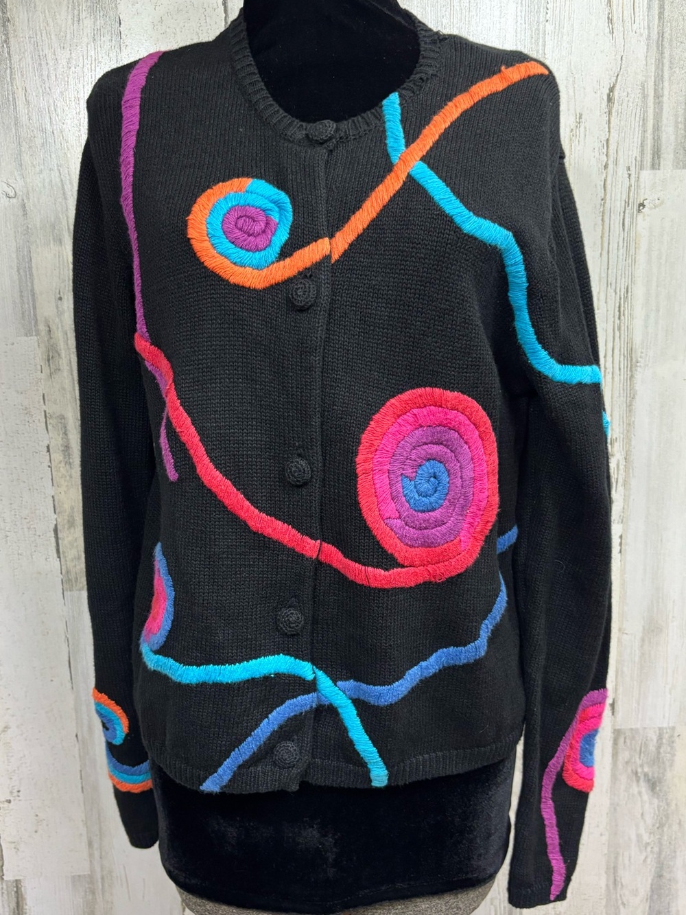 Coldwater Creek Vintage Black Button-Up Sweater with Colorful Swirl Embroidery